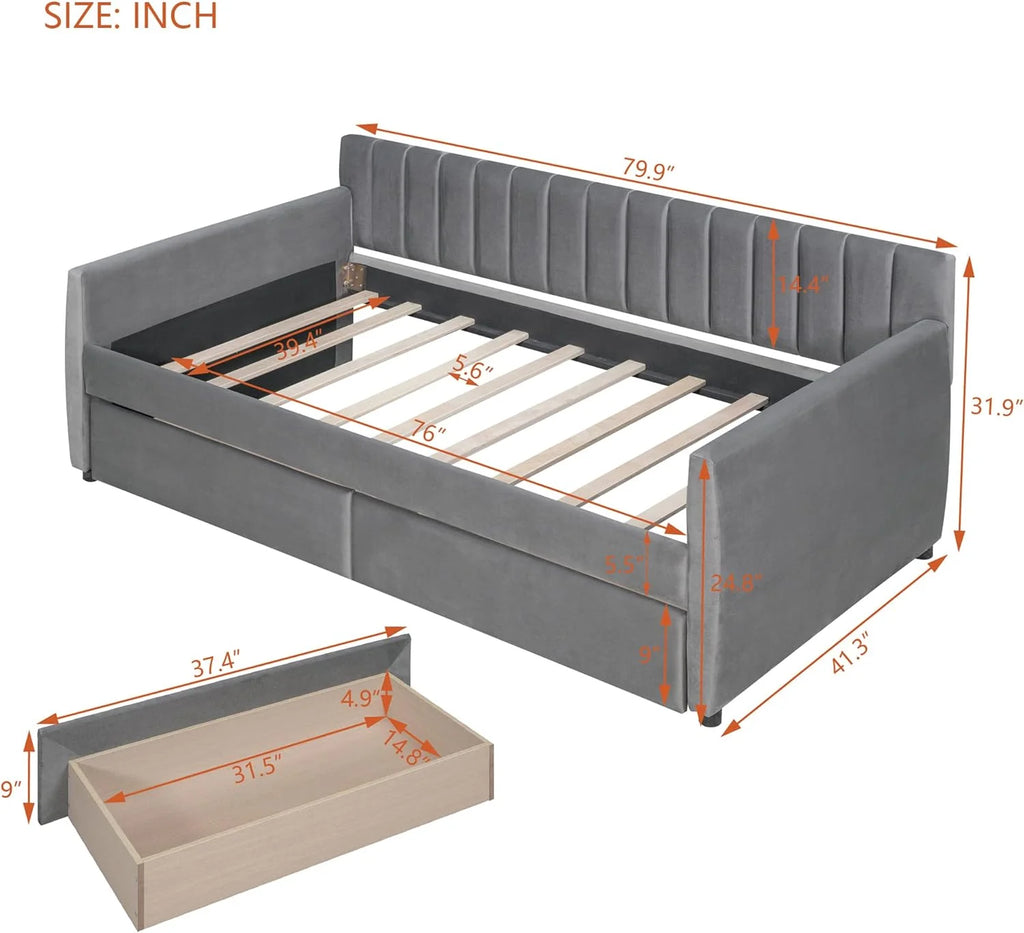 Velvet Gray Upholstered Daybed with 2 Storage Drawers D73124