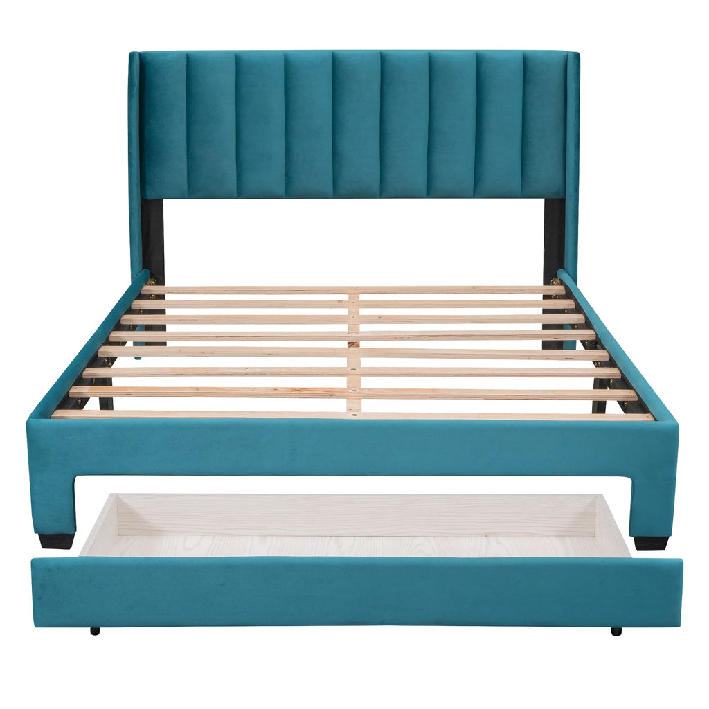 Queen Size Velvet Upholstered Platform Bed with Storage and Headboard A450437