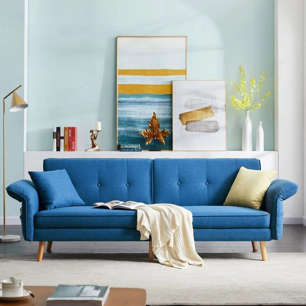 Convertible Futon Sofa Bed with Adjustable Armrest/Backrest Blue U287549