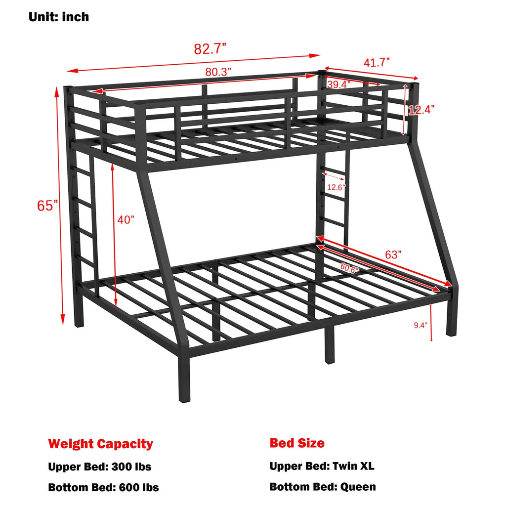 Black Twin XL over Queen Metal Bunk Bed with Ladder and Guardrails Y317
