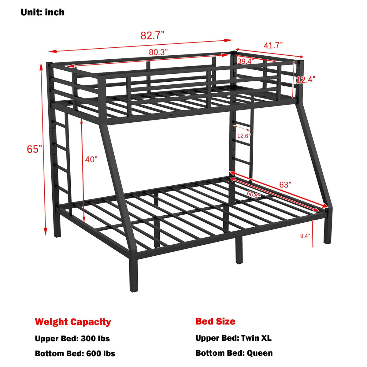 Black Twin XL over Queen Metal Bunk Bed with Ladder and Guardrails Y317