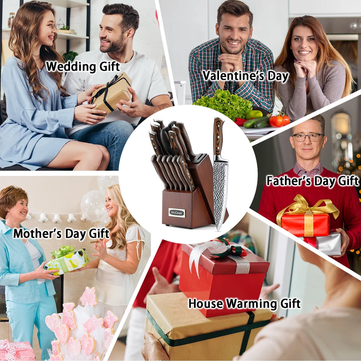 15-Piece Stainless Steel Knife Block Set with Built-in Sharpener J273