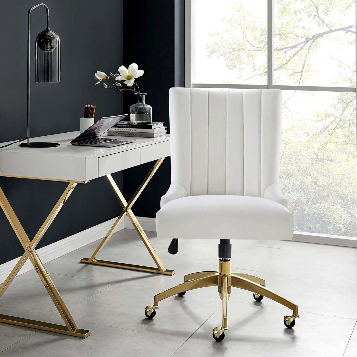 White Gold Channel Tufted Velvet Office Chair Z109929