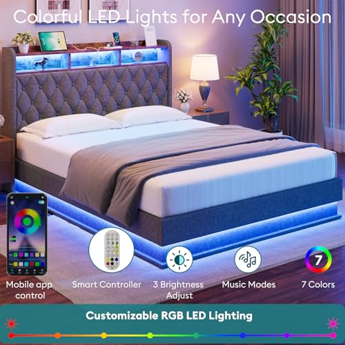 Queen Size Storage Bed Frame with Headboard and LED Lights E77318