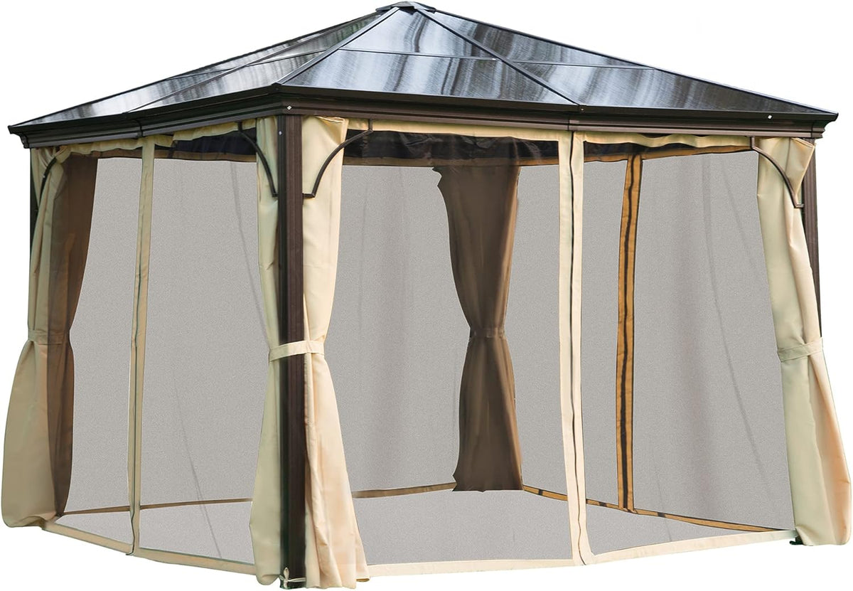 10x10 Polycarbonate Hardtop Gazebo with Curtains and Netting N9289