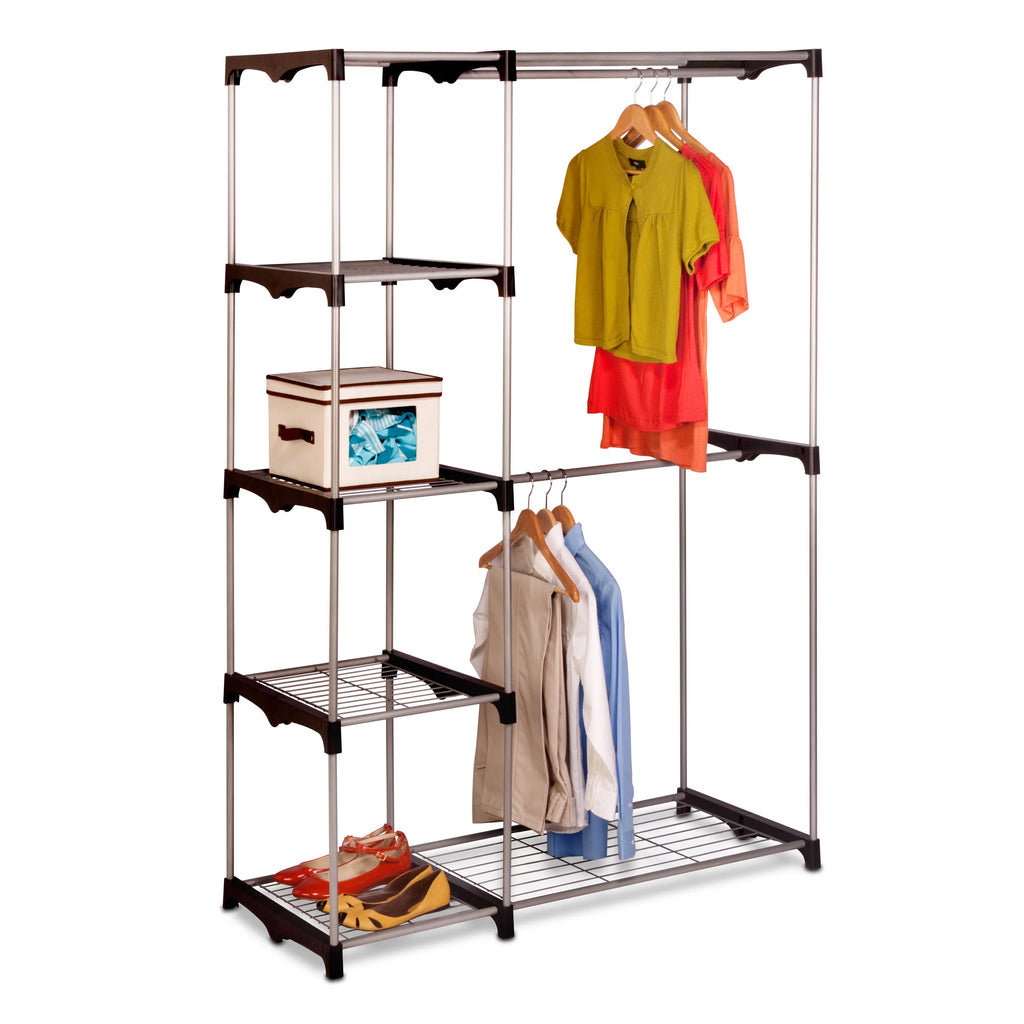 Steel and Plastic Double Rod Freestanding Closet with 4 Shelves E7690