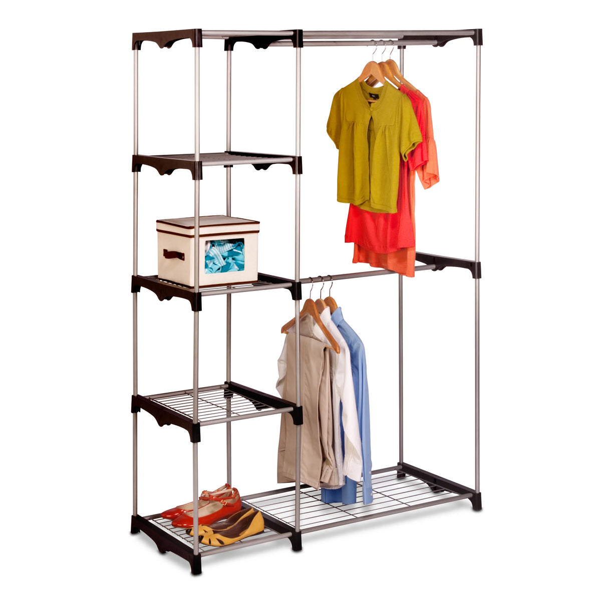 Steel and Plastic Double Rod Freestanding Closet with 4 Shelves E7690
