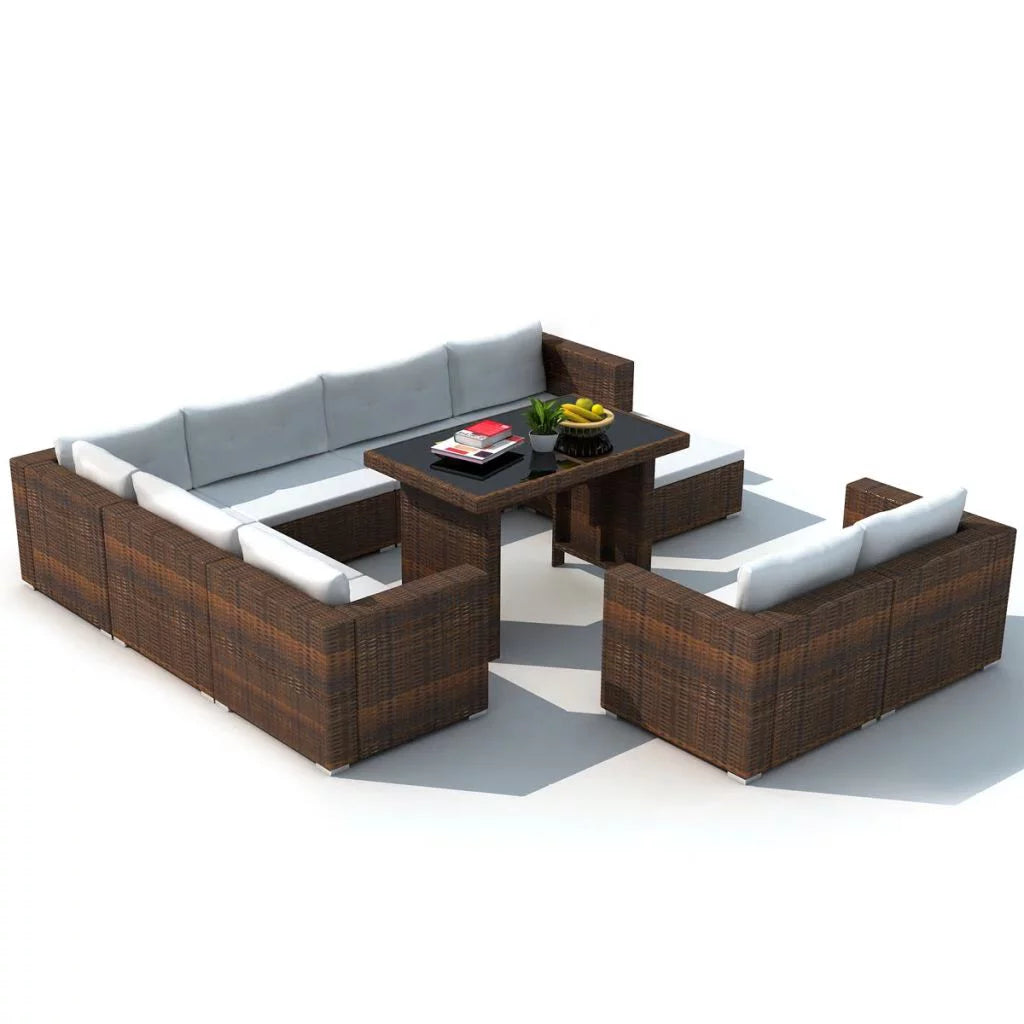 10 Piece Brown Poly Rattan Patio Sofa Set with Cushions I40187