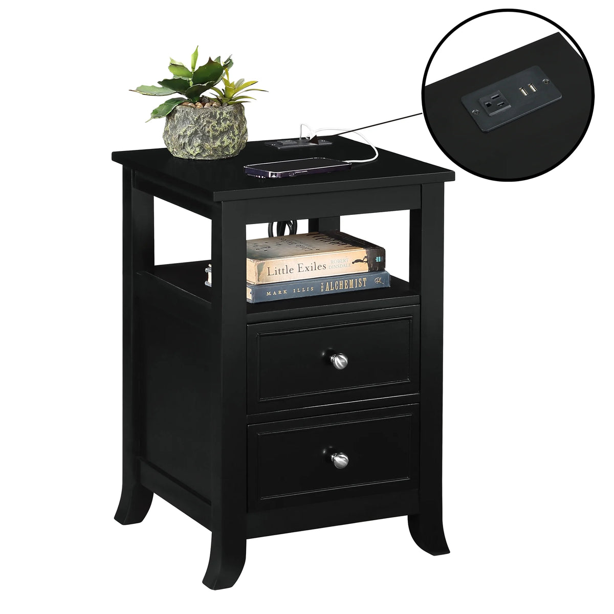 Black Two-Drawer End Table with Charging Station and Shelf Y87540