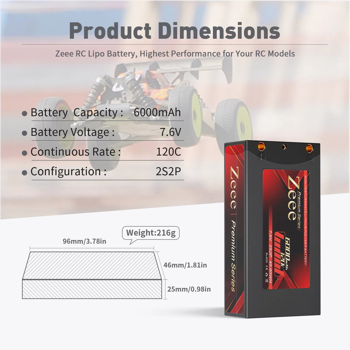 2S Lipo Battery 7.6V 6000mAh 120C Shorty Hard Case 2 Pack U418998