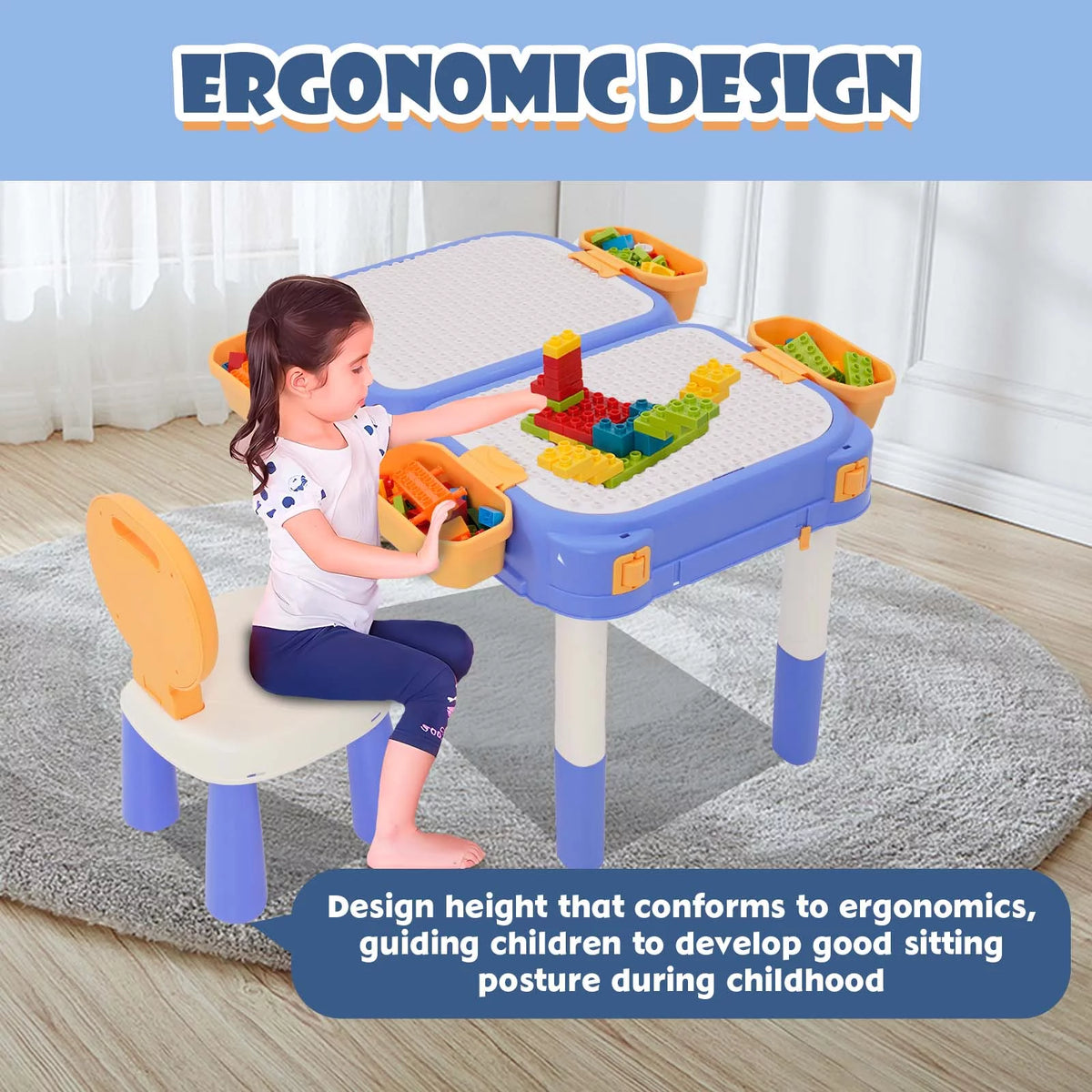 Kids Table and Chairs Set with Blocks V913