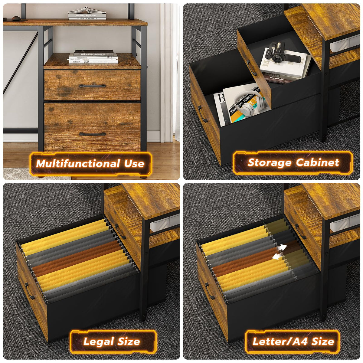 L Shaped Desk with LED Light and File Drawer Q898597