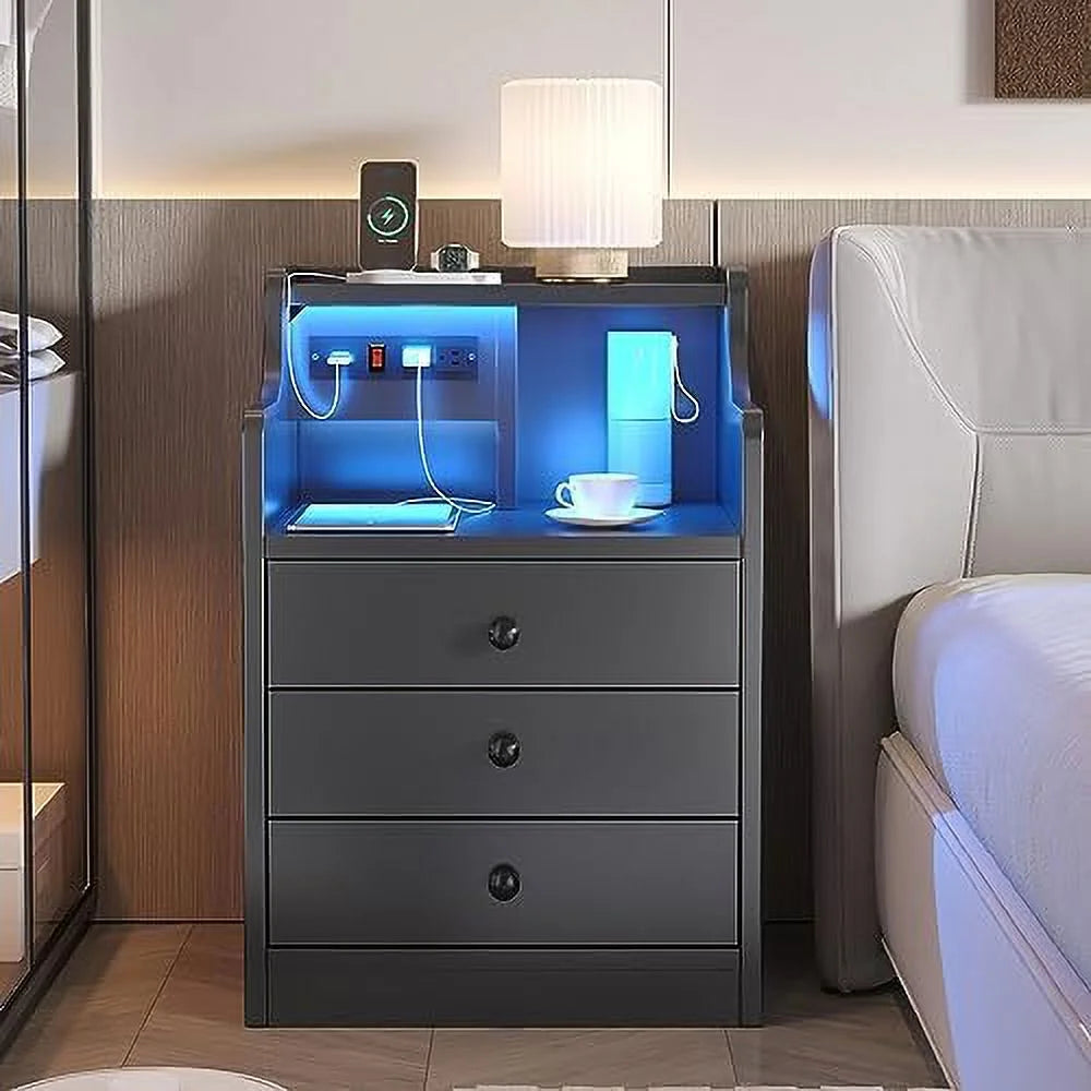 Grey Nightstand with Charging Station and 3 Drawers N476614
