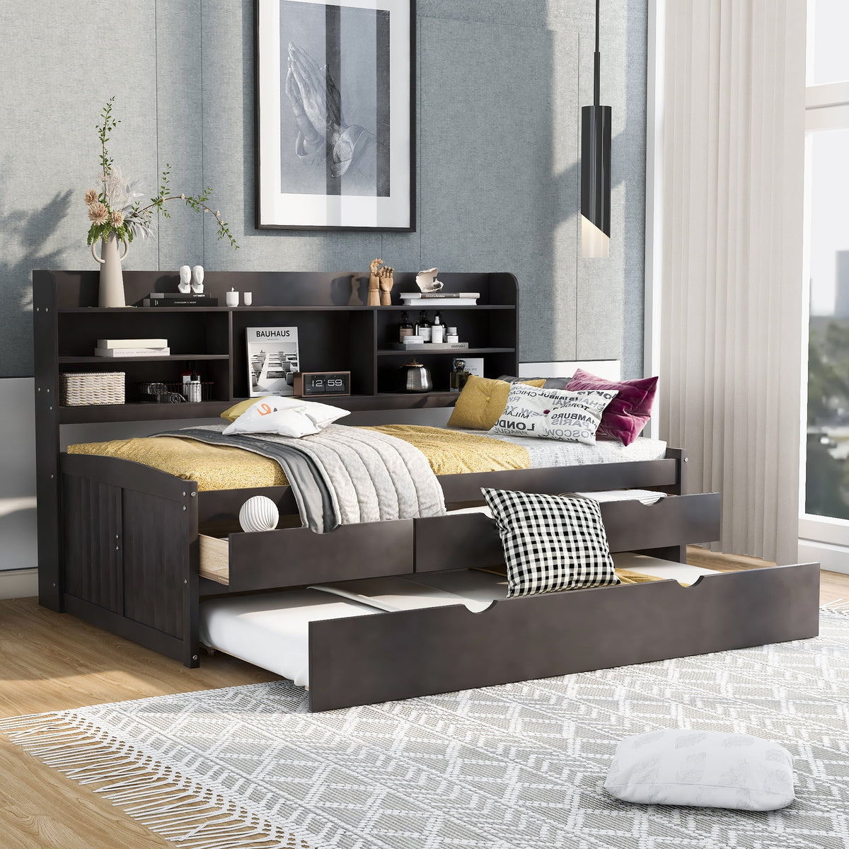 Wood Twin Size Daybed with Shelf, Trundle and Drawers V885104
