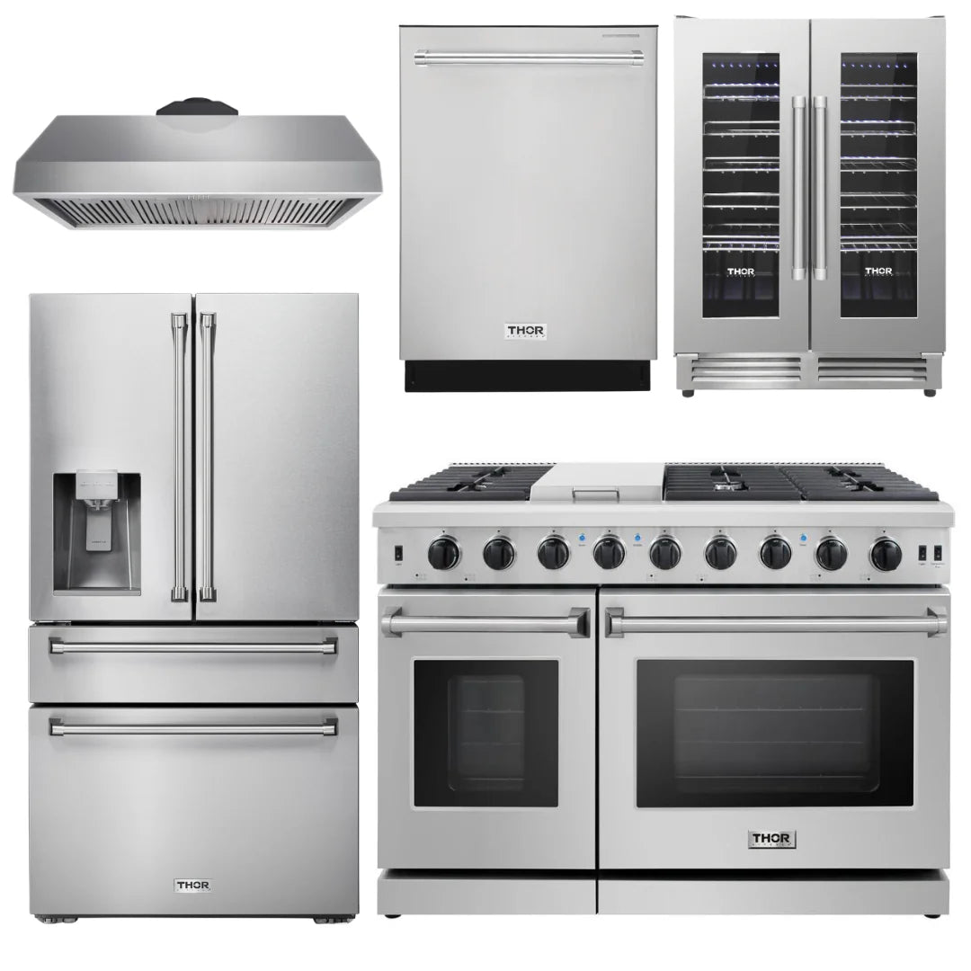 48 Propane Gas Range, Range Hood, Refrigerator with Water and Ice Dispenser, Dishwasher & Wine Cooler L767