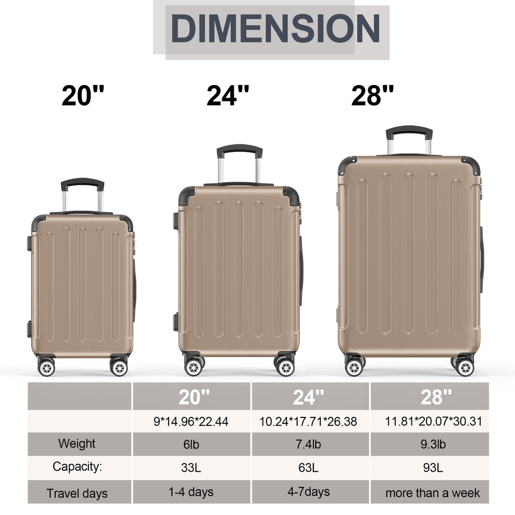 3 Piece Hardshell Lightweight Luggage Set with TSA Lock Spinner Wheels K1424