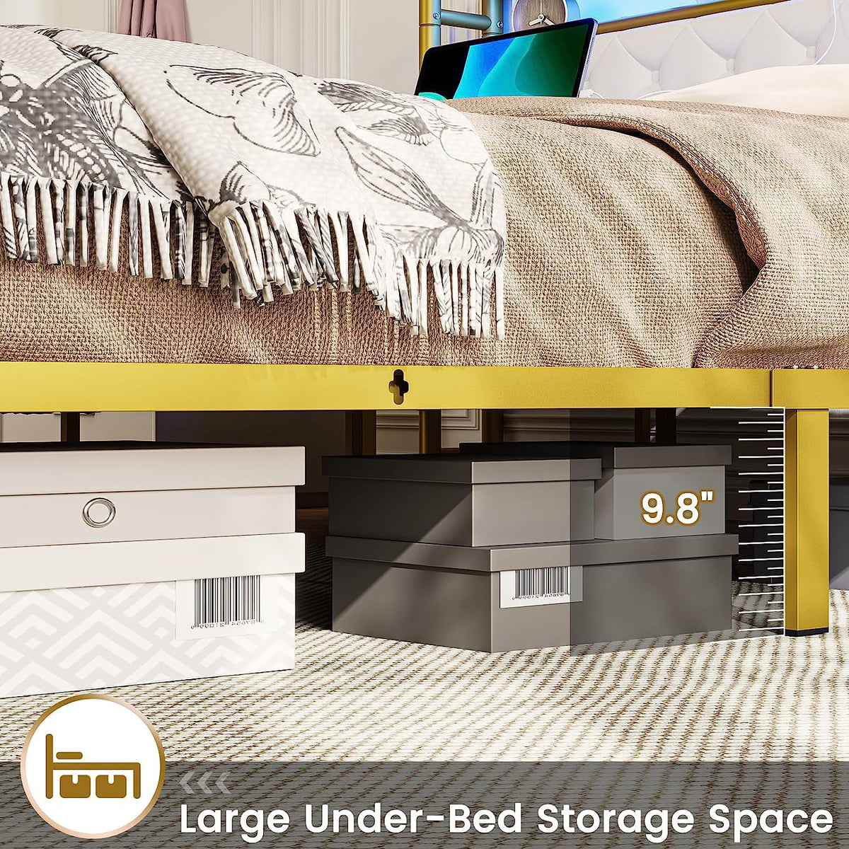 King LED Bed Frame with Power Outlets USB Ports Storage Headboard T5598