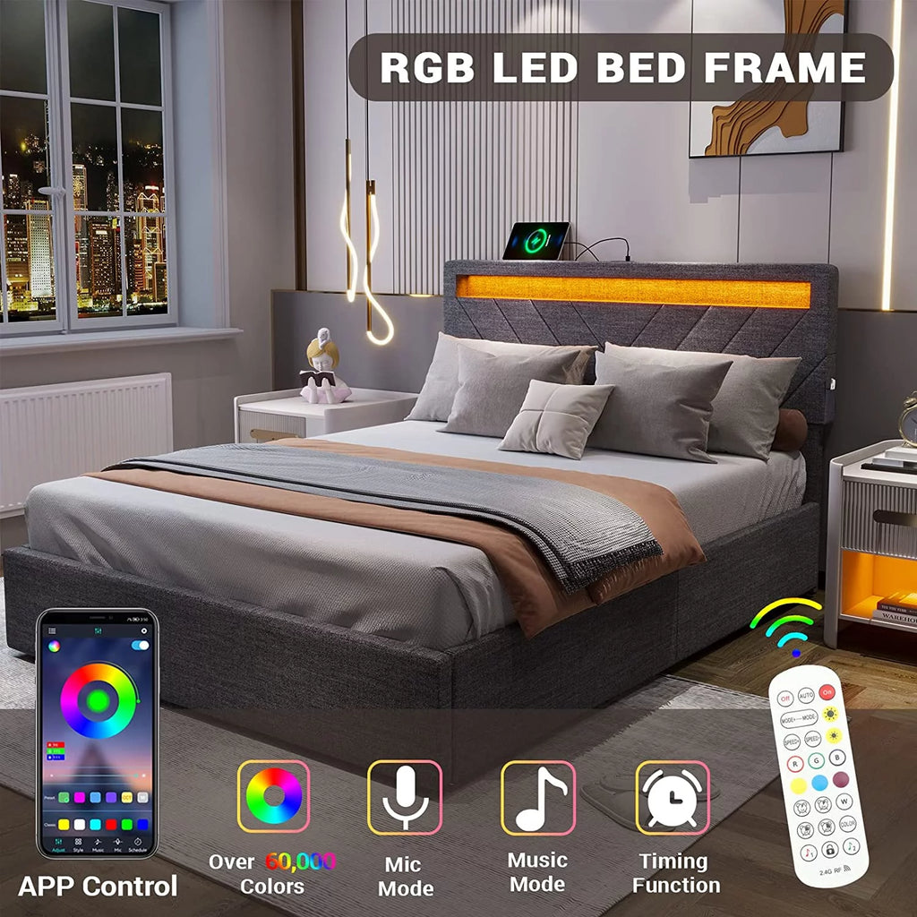 Queen Upholstered Bed Frame with 4 Storage Drawers and USB Charging Station T275