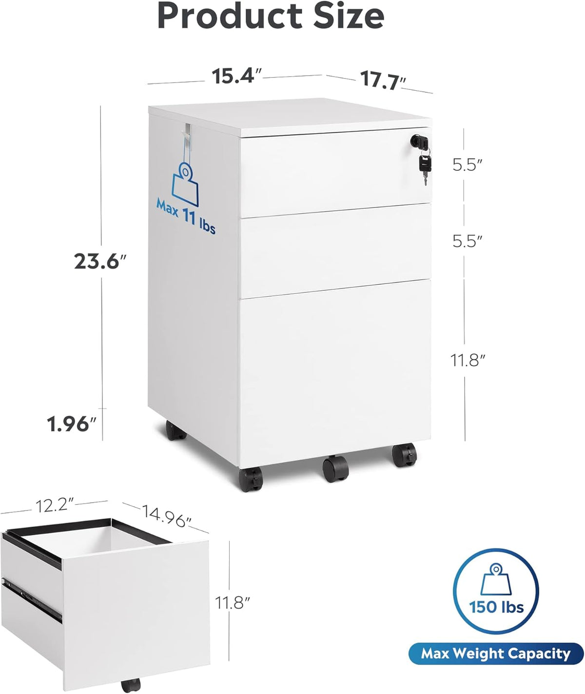 White 3 Drawer Wood Rolling File Cabinet with Lock X97905