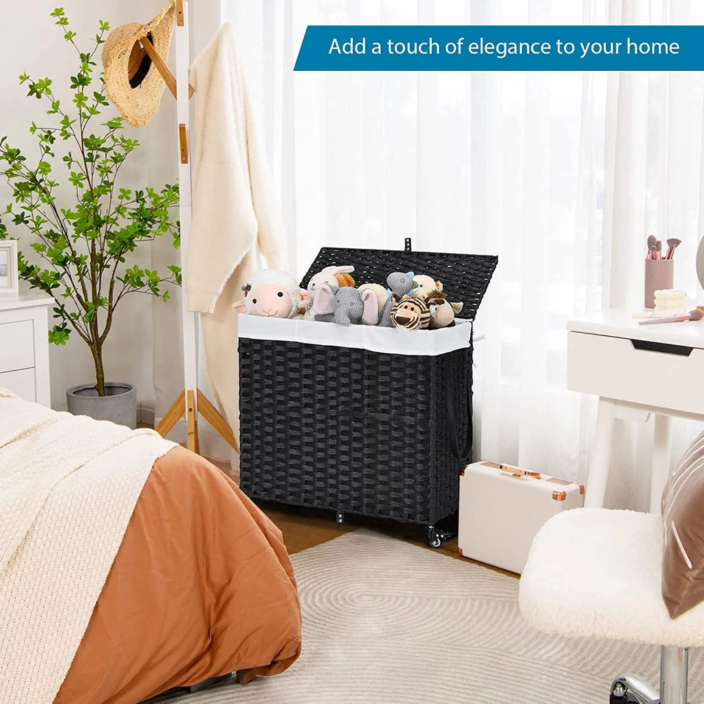 Hand Woven Rattan Laundry Hamper with Lid and Wheels E449256