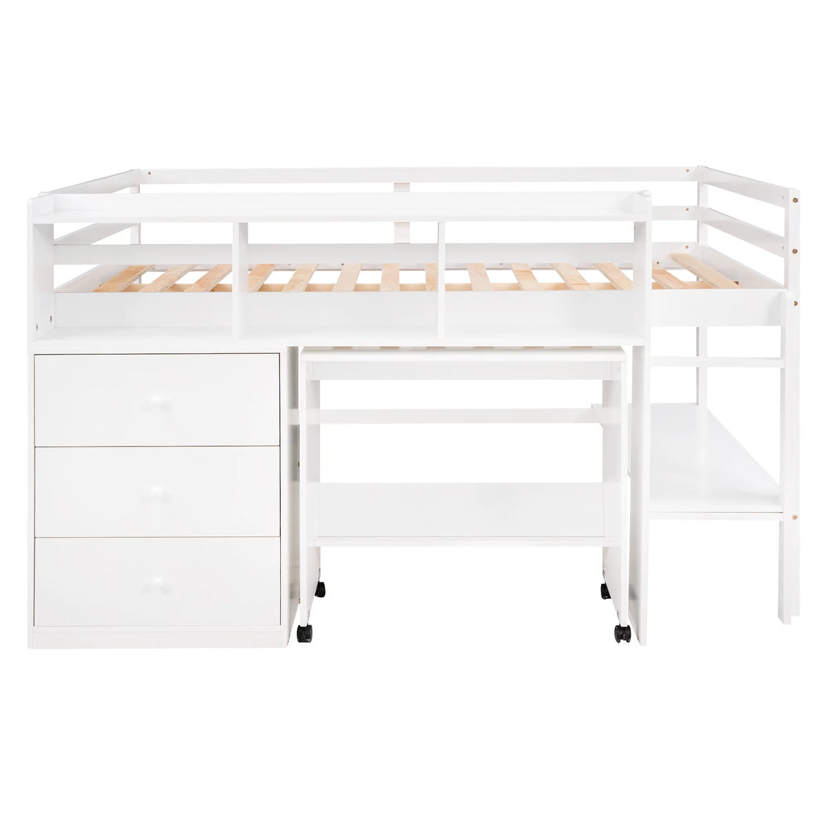 White Wood Full Size Low Loft Bed Frame with 3 Storage Drawers V442121