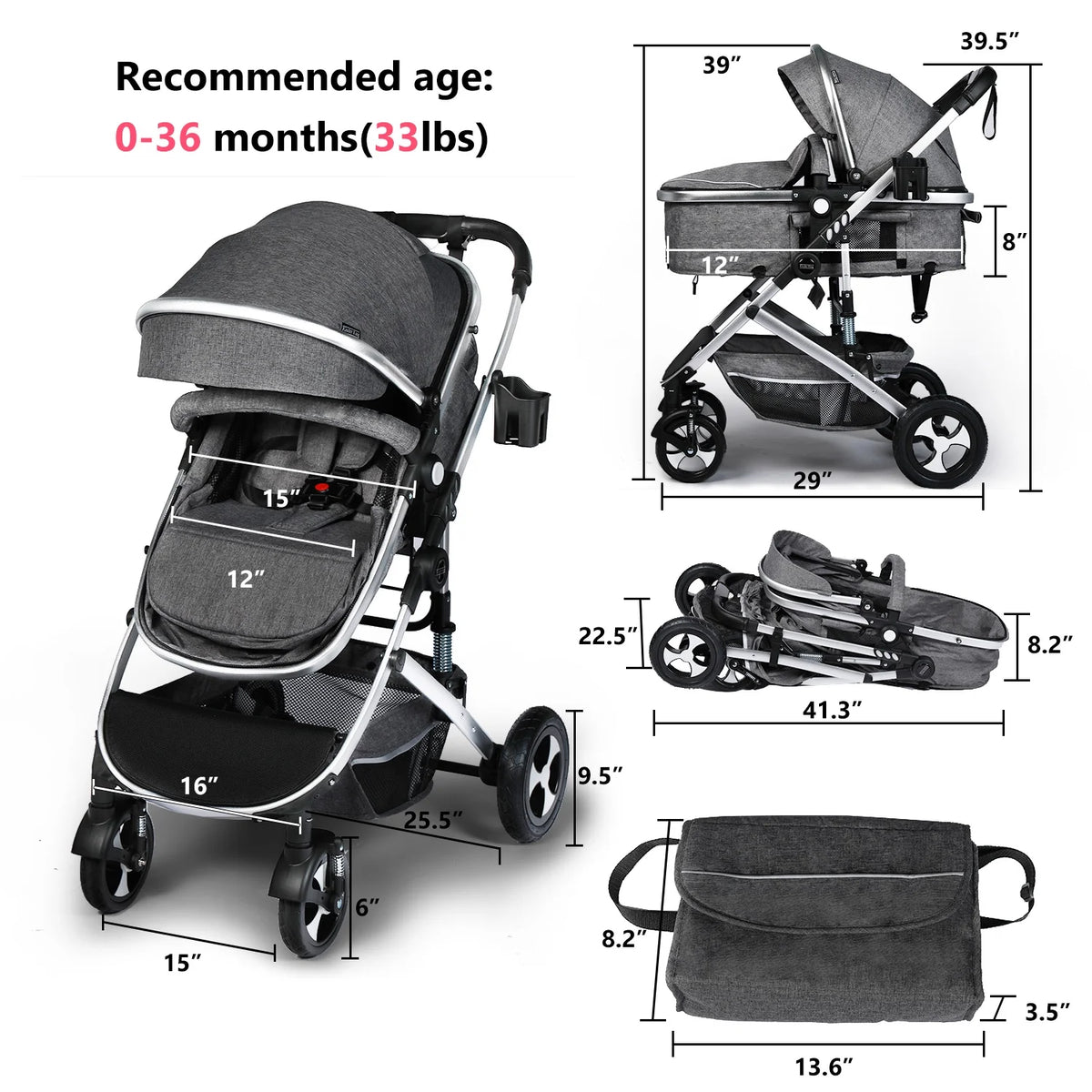 2 in 1 Convertible Baby Stroller Dark Grey R66780