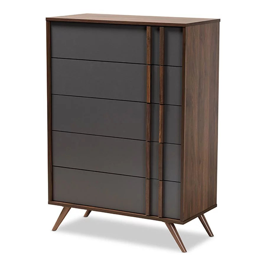Grey and Walnut Wood 5-Drawer Bedroom Chest Q208653