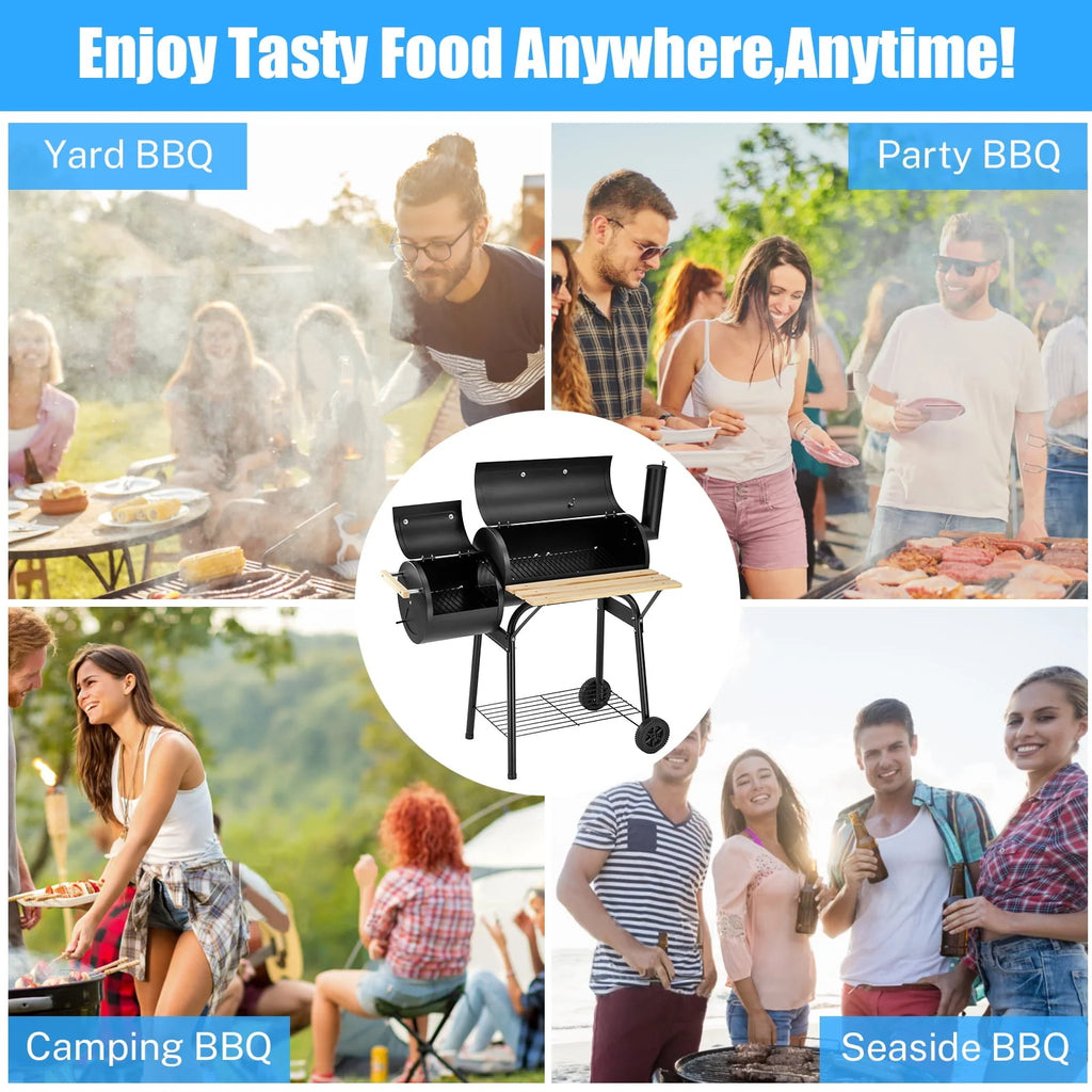 Charcoal Grill, 45.28-Inch Portable Offset Smoker with Wheels & Thermometer D663703