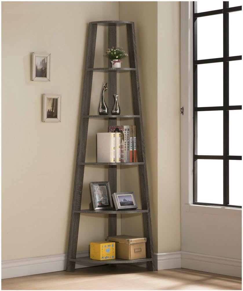 Weathered Grey Wood 5-Tier Corner Bookshelf S256