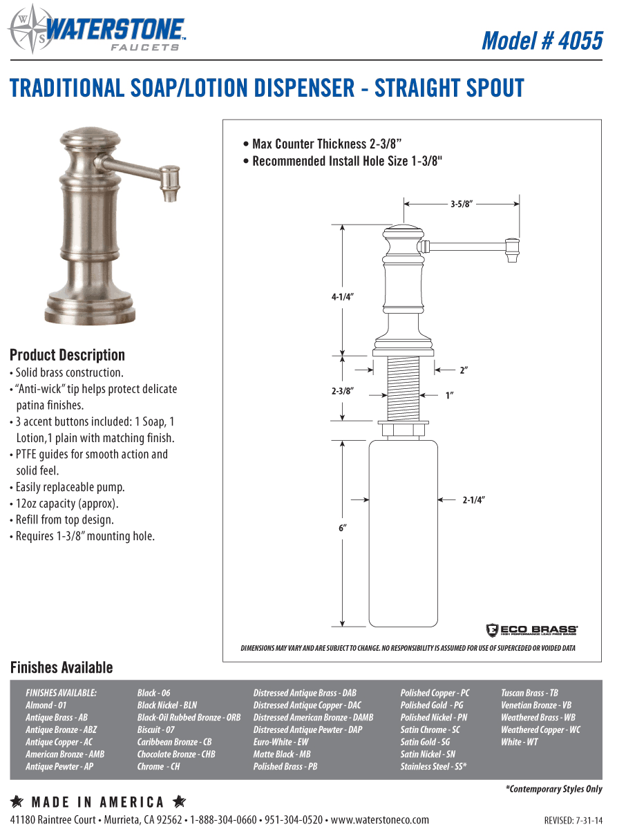 Soap Lotion Dispenser Straight Spout F24487