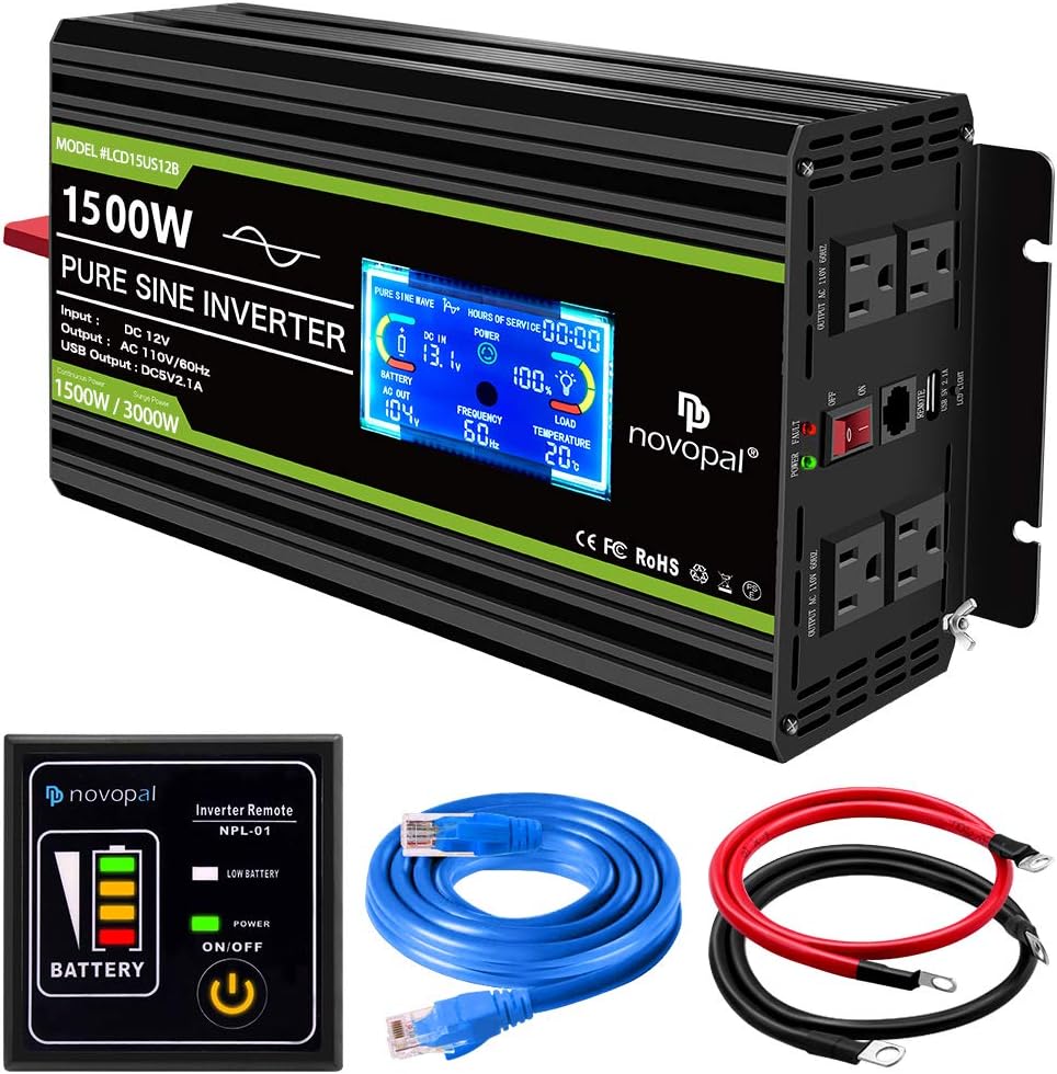 1500 watt Pure Sine Wave Power Inverter 12V to 110V/120V 4 AC Outlets B492813
