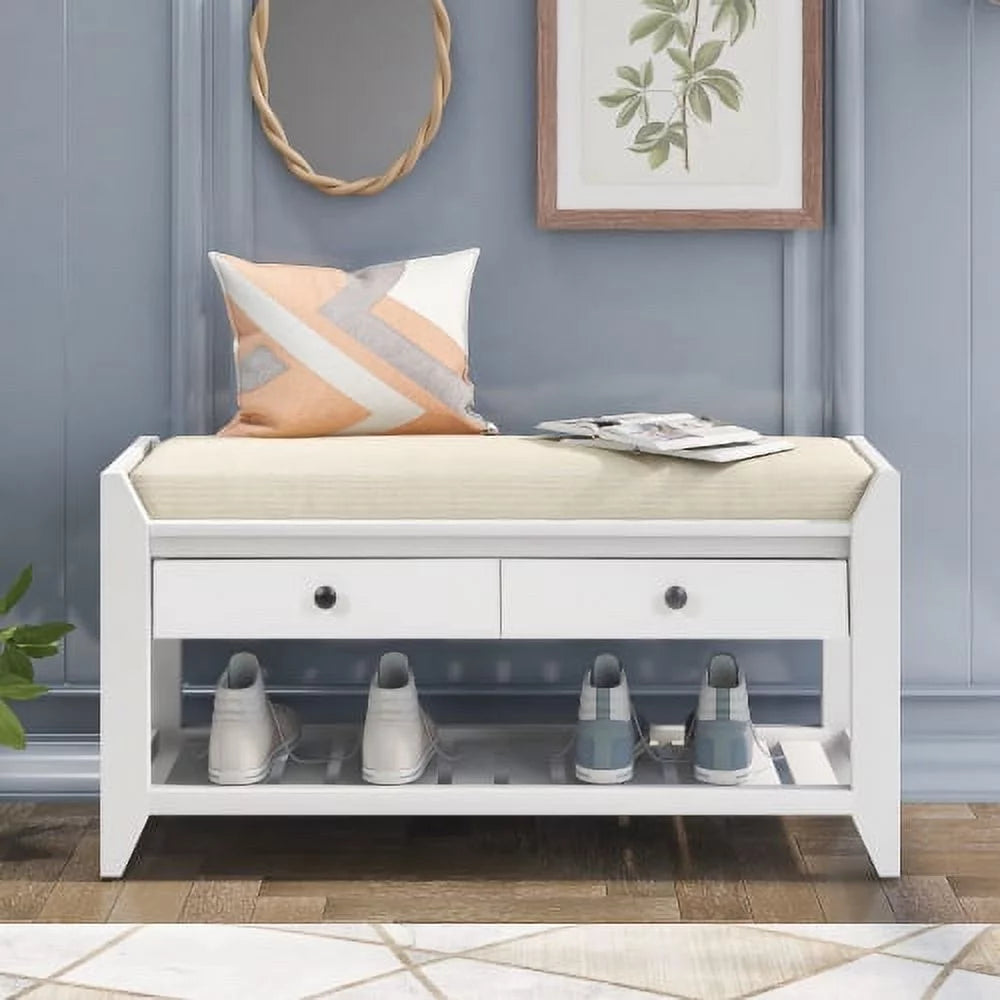 White Shoe Rack with Cushioned Seat and Drawers W176