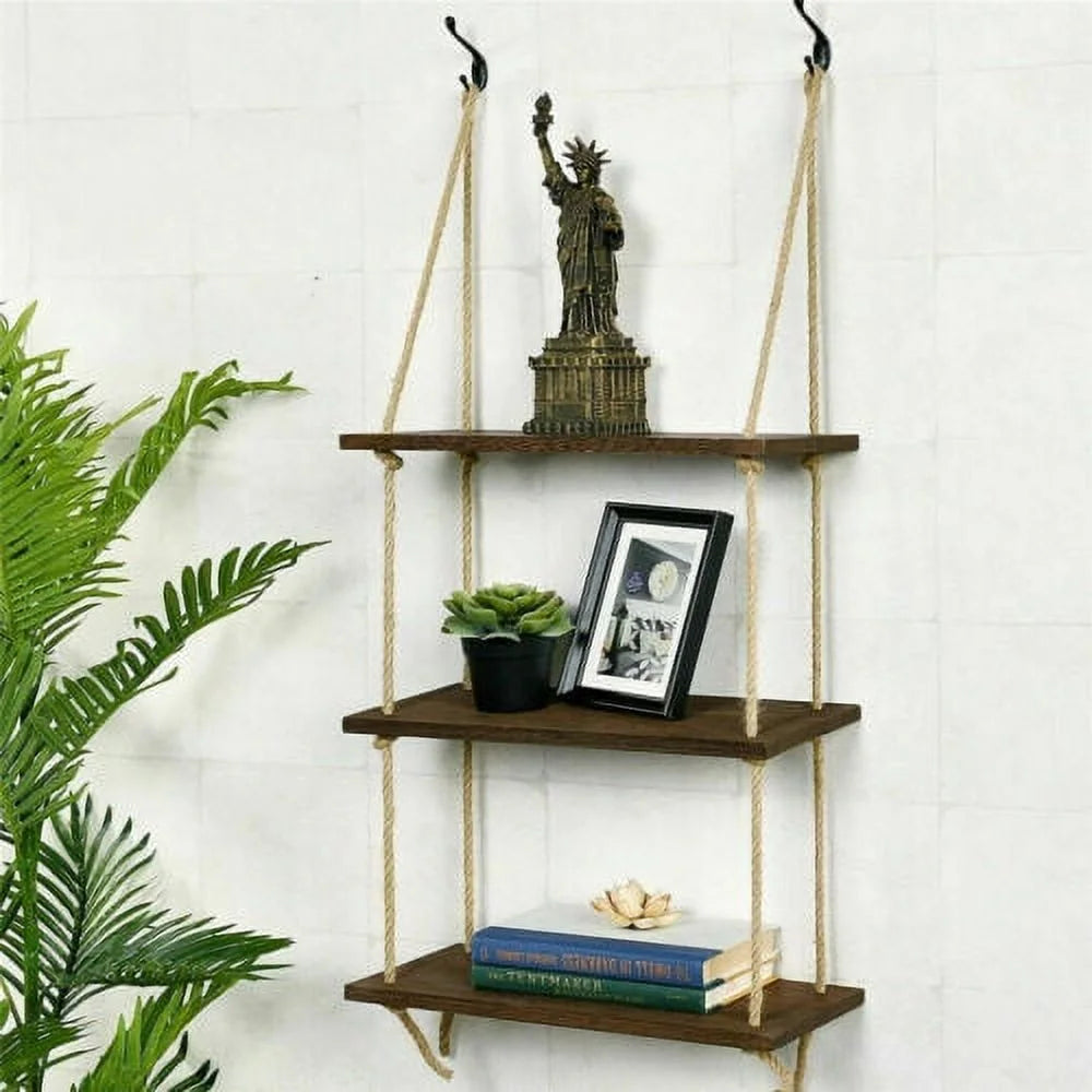 Rustic Wooden 3 Tiers Wall Hanging Rope Shelf Y340532