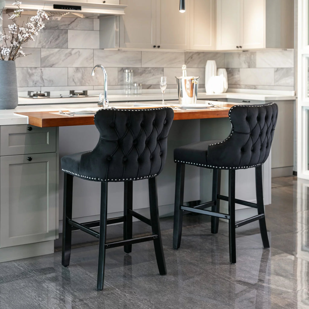 Black Velvet Upholstered Bar Stools Set of 2 Y828