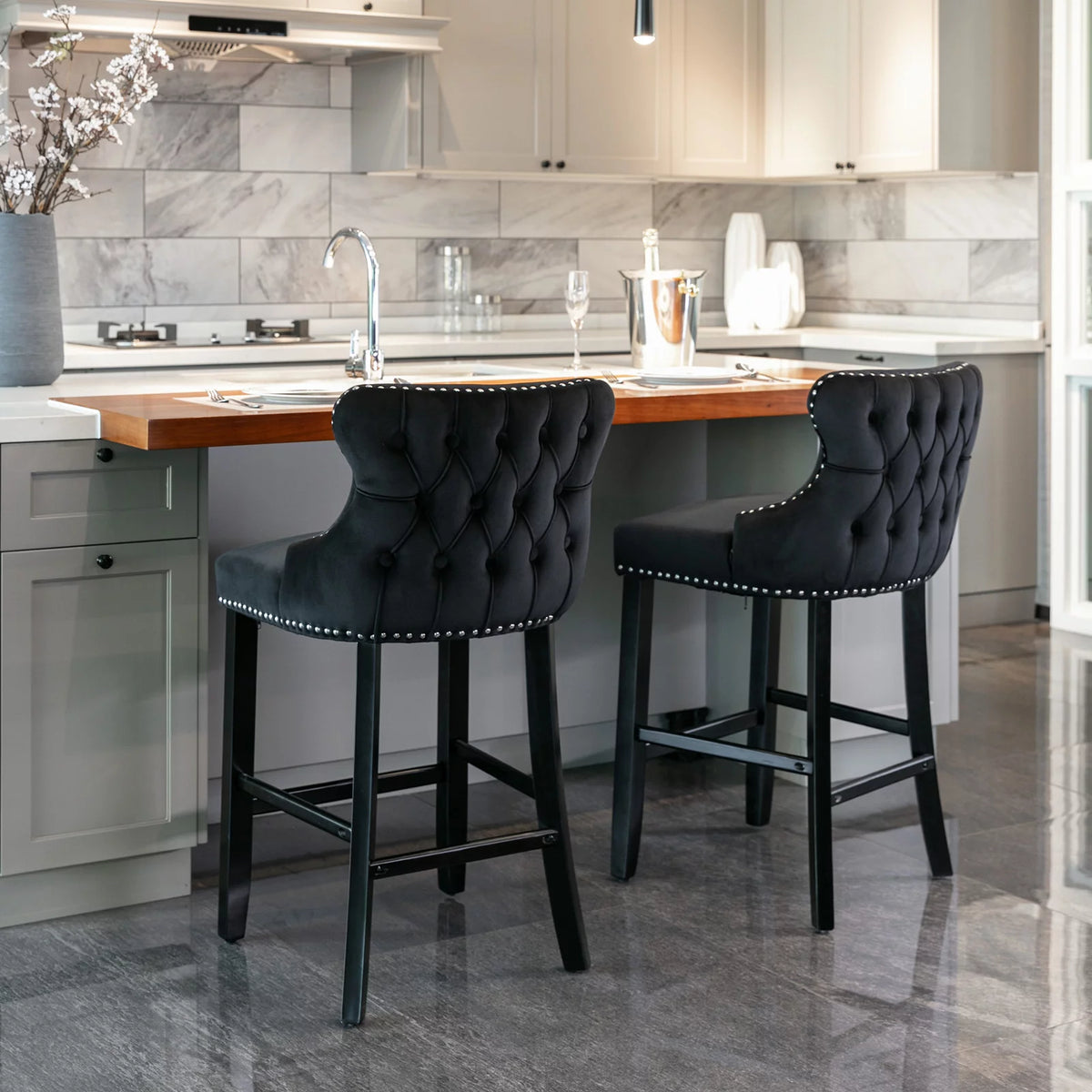 Black Velvet Upholstered Bar Stools Set of 2 Y828