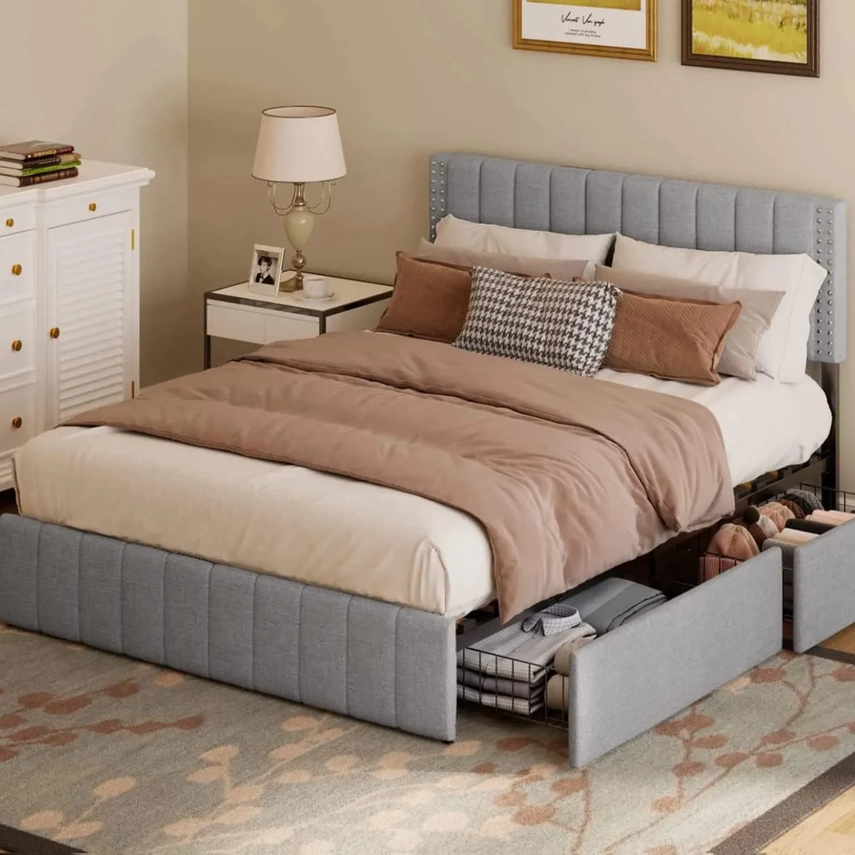 Full Bed Frame with 4 Drawers and Adjustable Headboard Dark Grey M56294