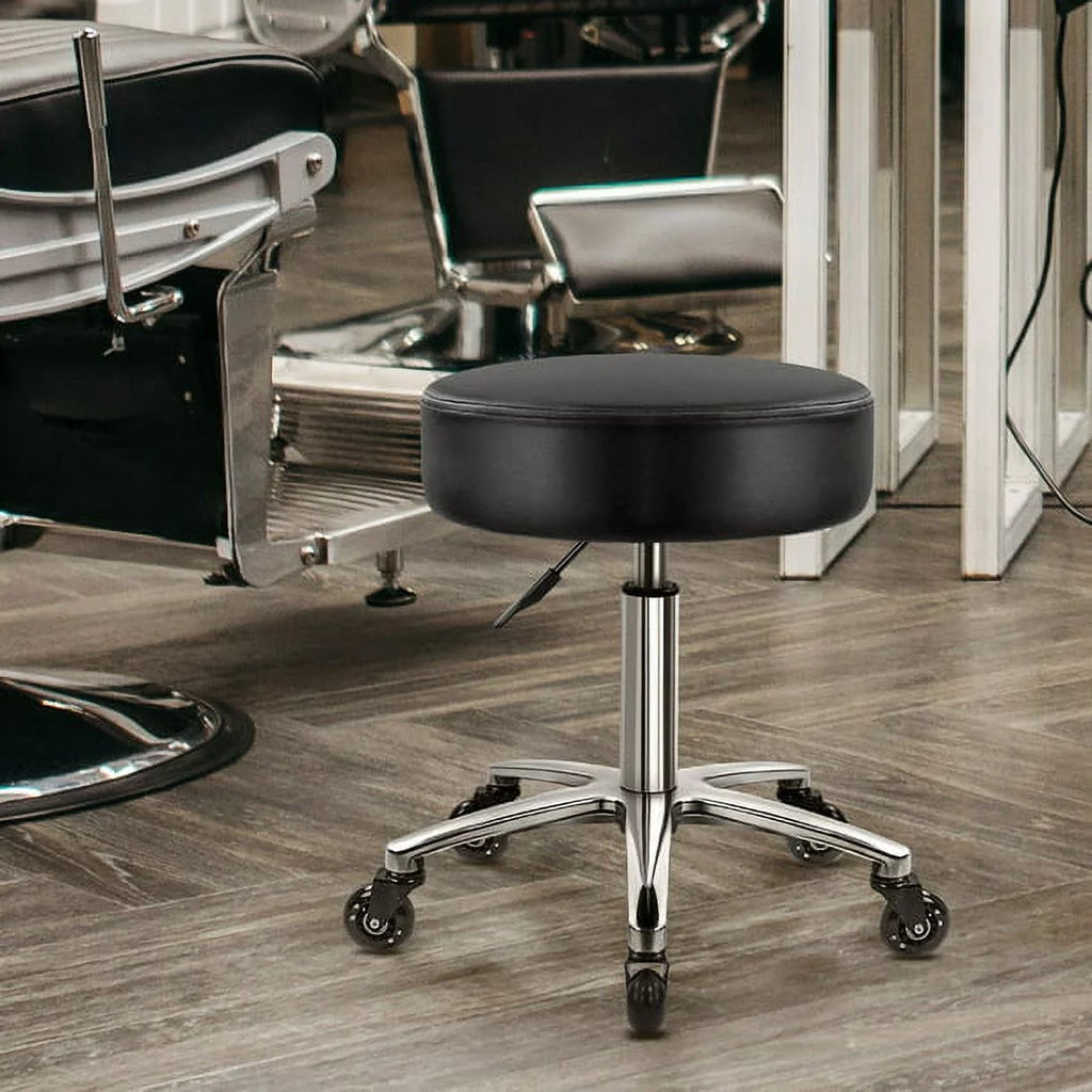 Heavy Duty Rolling Stool with Wheels Hydraulic Swivel Adjustable Ergonomic Thick Leather Seat Black C67375