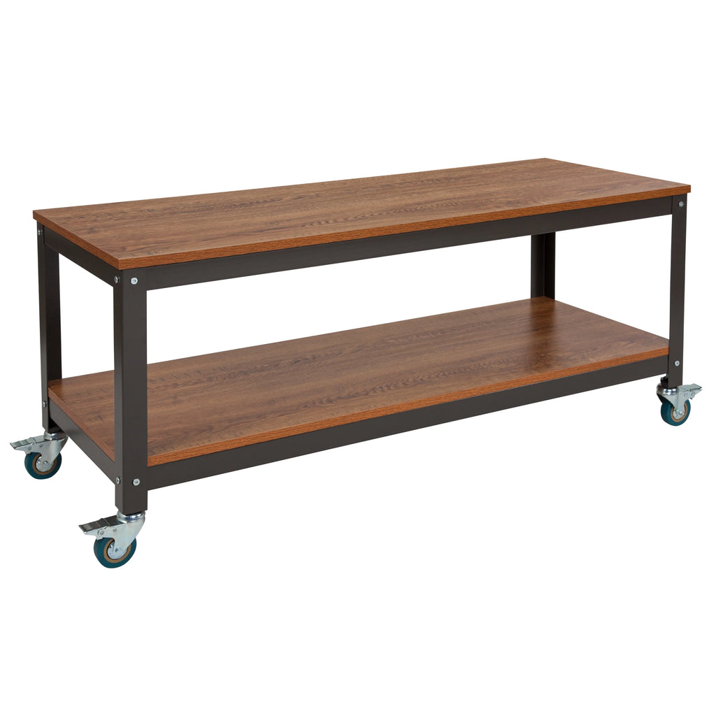 Brown Oak Wood Grain TV Stand with Metal Wheels Q470