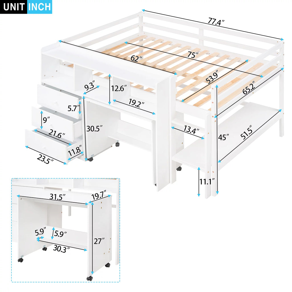 White Wood Full Size Low Loft Bed Frame with 3 Storage Drawers V442121