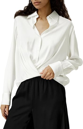Silk Button Down Shirts Long Sleeve Twist Front Satin Blouse Tops P440