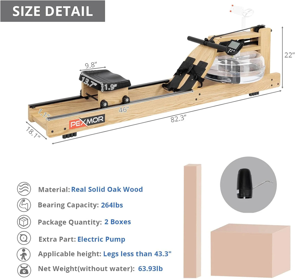 Oak Wood Water Rowing Machine with LCD Monitor N865