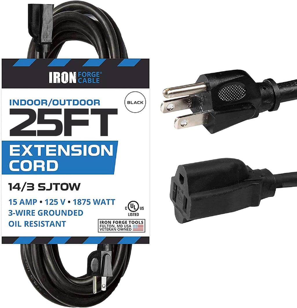 Black Oil Resistant 25 Ft Extension Cord 14/3 SJTOW Pack of 2 E774