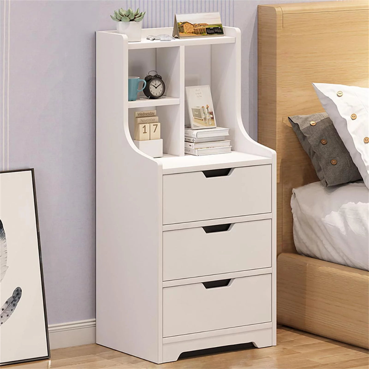 3 Drawer White Wood Nightstand F9483
