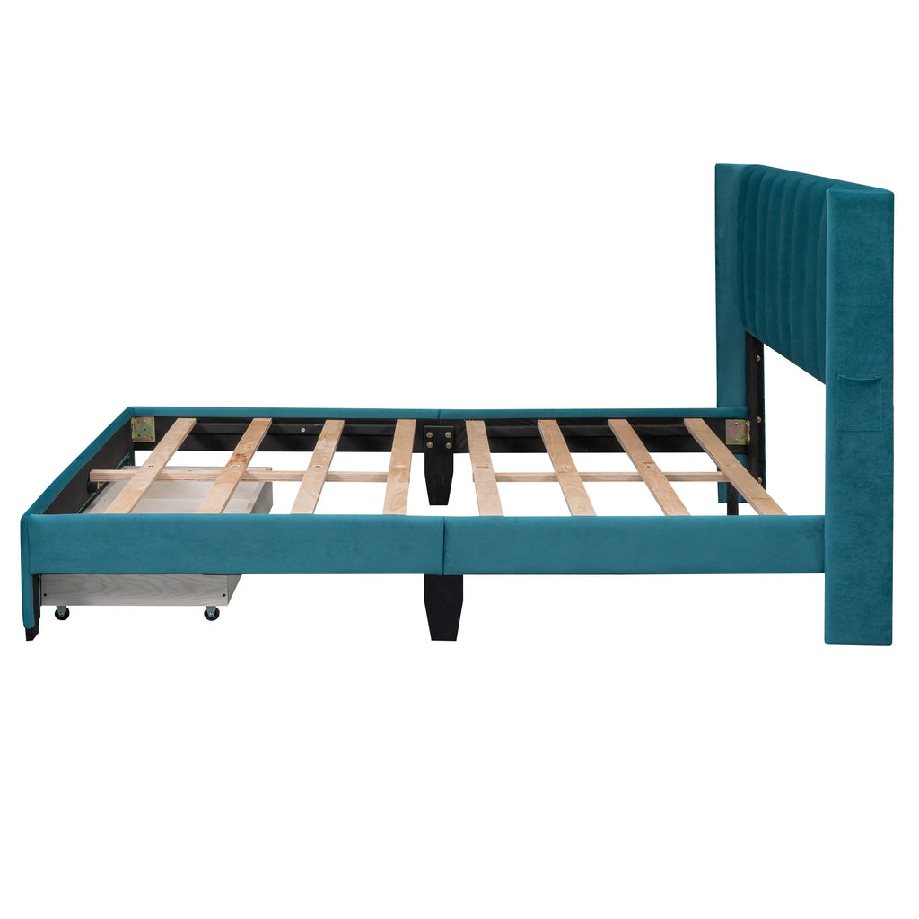 Queen Size Velvet Upholstered Platform Bed with Storage and Headboard A450437