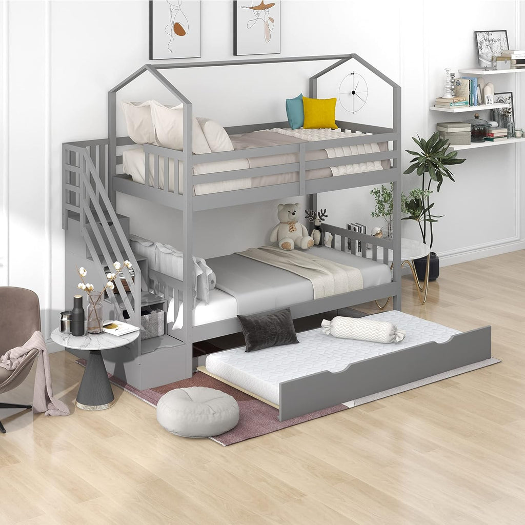Espresso Twin Over Twin Wood Bunk Bed with Trundle and Storage N708
