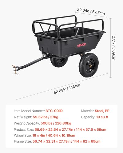 Heavy Duty Tow Behind Steel Dump Cart 17 Cu.Ft. 600lbs Capacity 16in Tires A384300