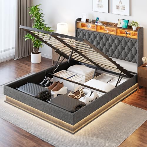 Queen Size Storage Bed Frame with Headboard and LED Lights E77318