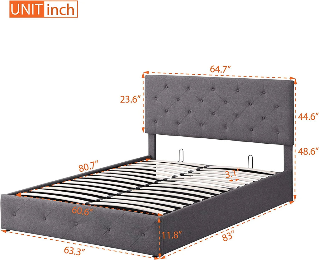 Queen Size Grey Upholstered Platform Bed with Lift Up Storage C767
