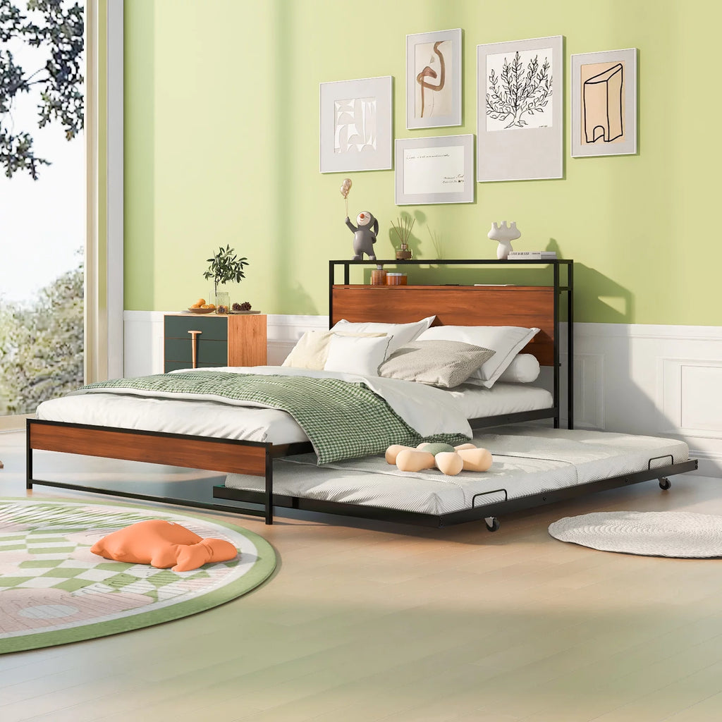 Full Size Metal Platform Bed Frame with Trundle and Storage Headboard P30082
