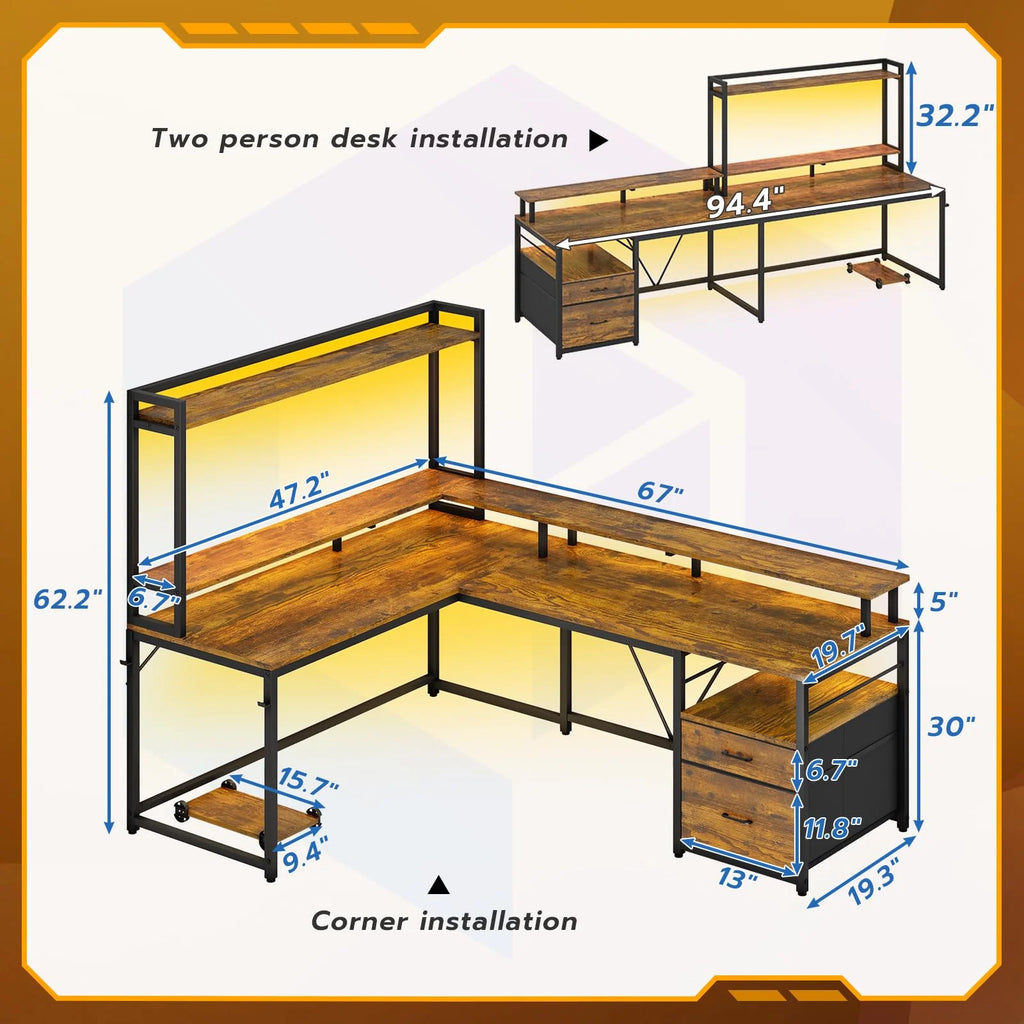L Shaped Desk with LED Light and File Drawer Q898597